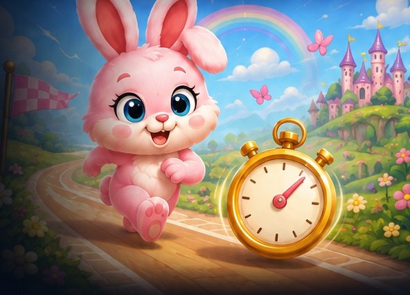 Poppy the bunny running beside a stopwatch in a magical world