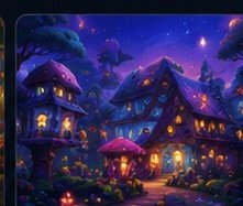 A glowing nighttime village scene from the game